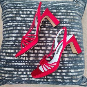 Nina Gisela Red Luster Satin Strappy Heels, New in Box, Size 7.5